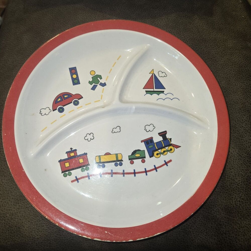 Vintage Child's Divided Plate Melamine Ware Kid's Round Red Train Boat Car B1